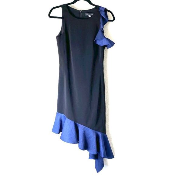 Slate & Willow Black & Blue Ruffled Asymmetrical Midi Dress Size 2 - Picture 1 of 5
